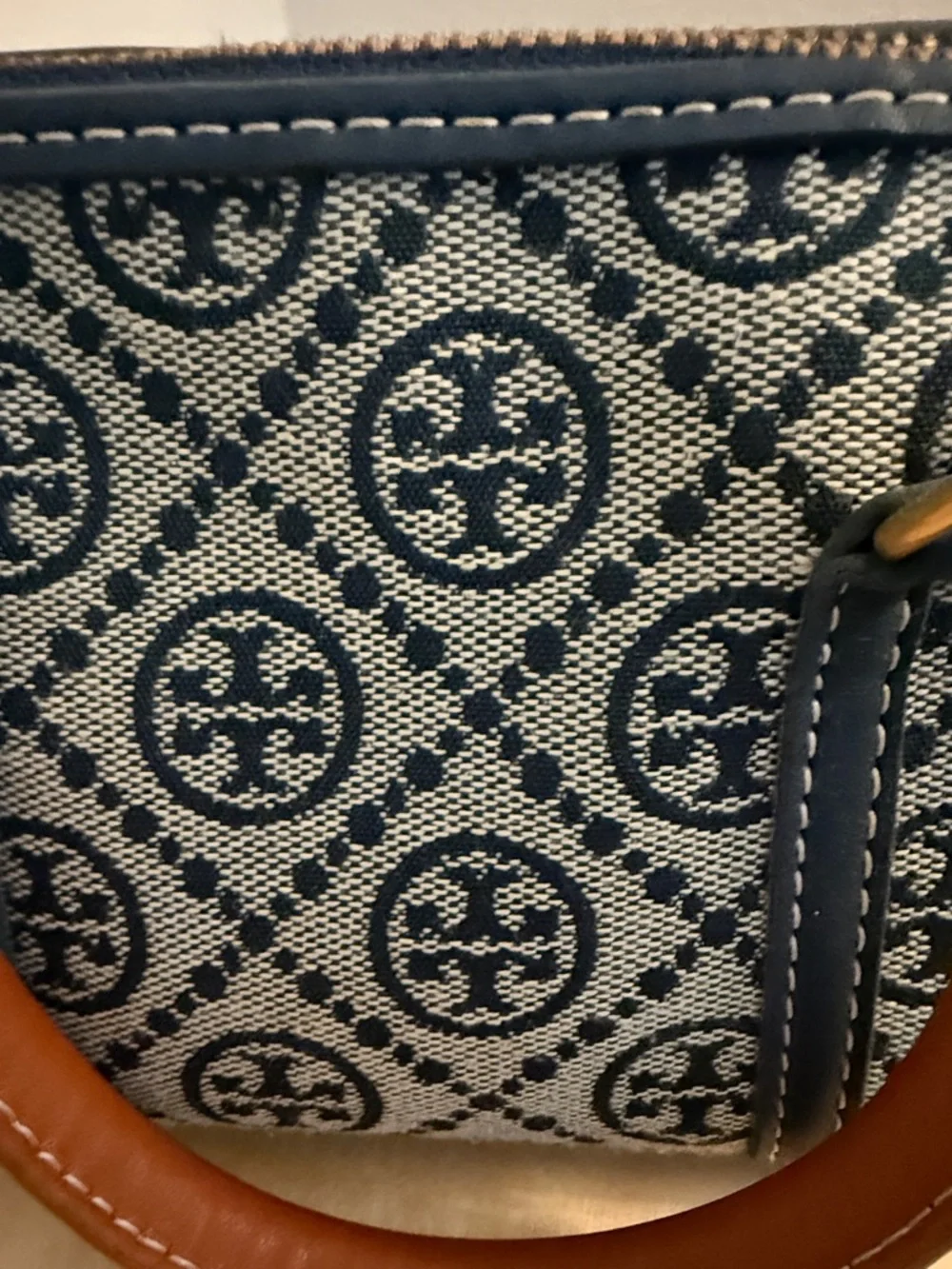 Tory Burch Navy Logo Jacquard Mini Satchel with Tan Handles - Picture 2 of 4